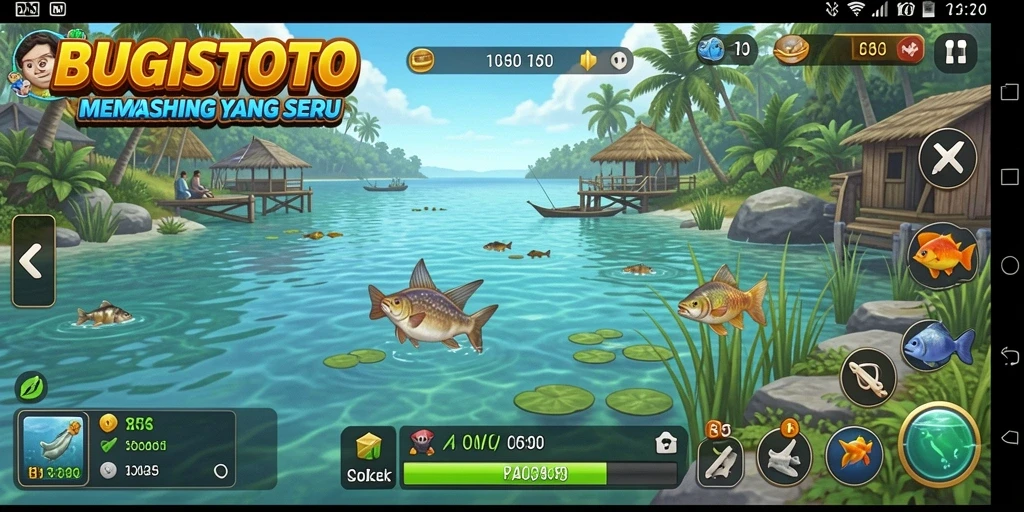 Tampilan gameplay BUGISTOTO yang seru saat menangkap ikan.
