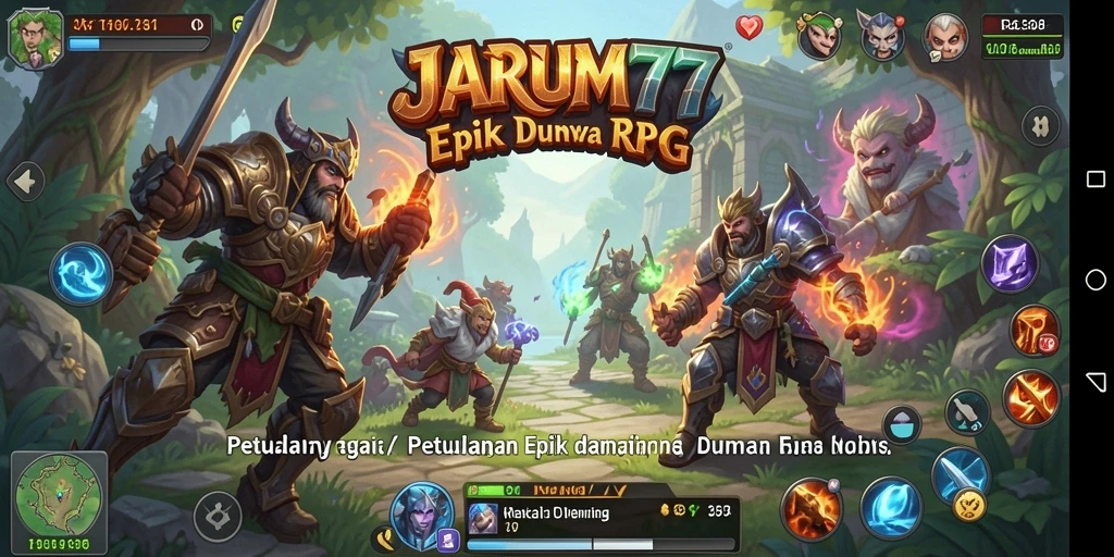 Screenshot gameplay JARUM77 menampilkan pertarungan epik di dunia RPG.