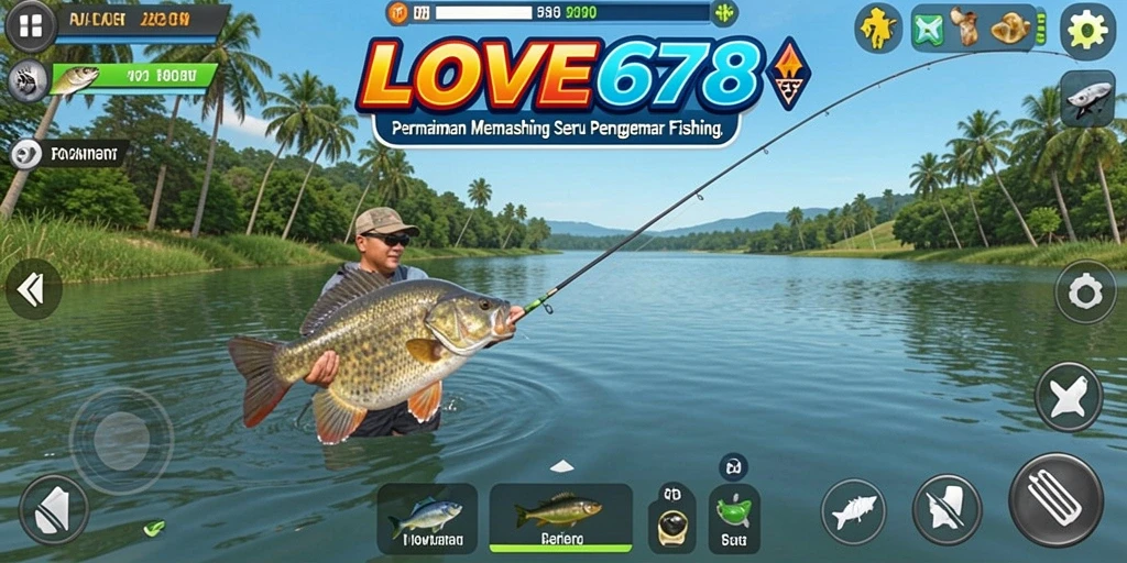 Screenshot utama LOVE678 menampilkan pemain sedang memancing dengan latar belakang pemandangan alam yang indah.