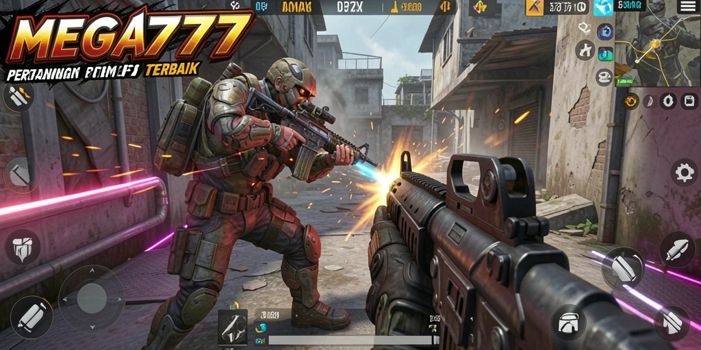 Screenshot gameplay MEGA777 menampilkan aksi tembak-menembak yang mendebarkan.