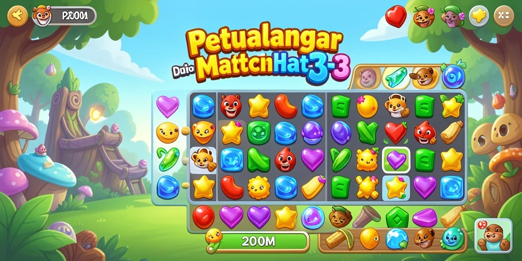 Screenshot menampilkan aksi mencocokkan barang dalam P200M dengan grafis yang cerah.