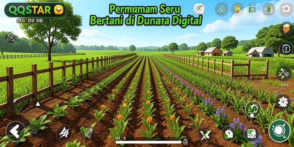 Tampilan gameplay menarik dari QQSTAR saat bertani di ladang luas.