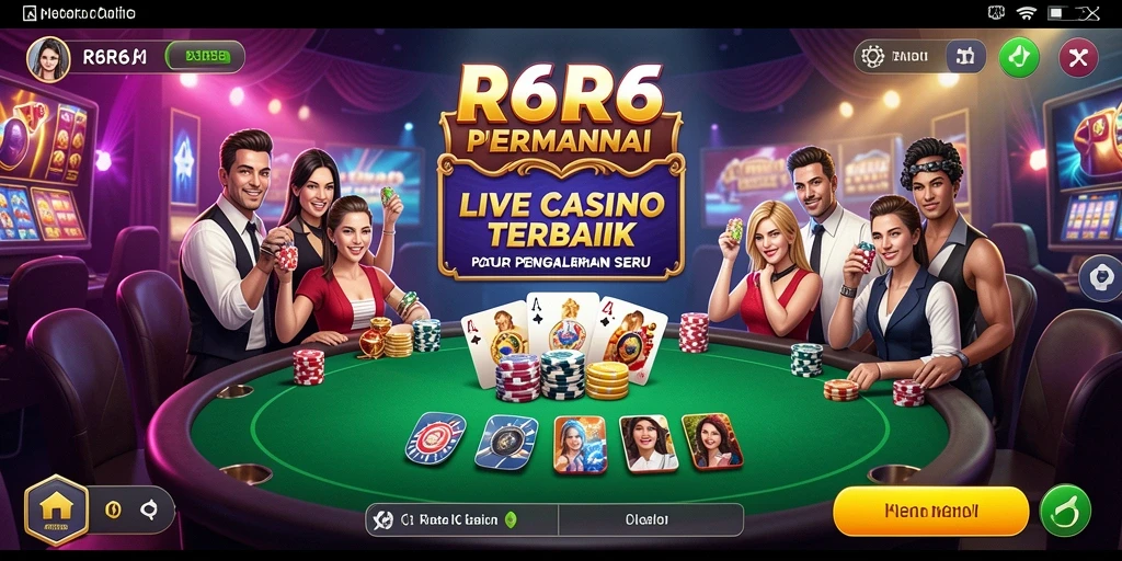 Screenshot R6R6 menampilkan dealer langsung dan suasana permainan kasino.
