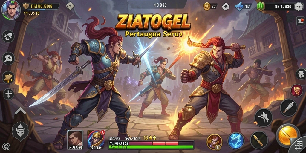 Tampak aksi mendebarkan dalam ZIATOGEL dengan karakter bertarung.